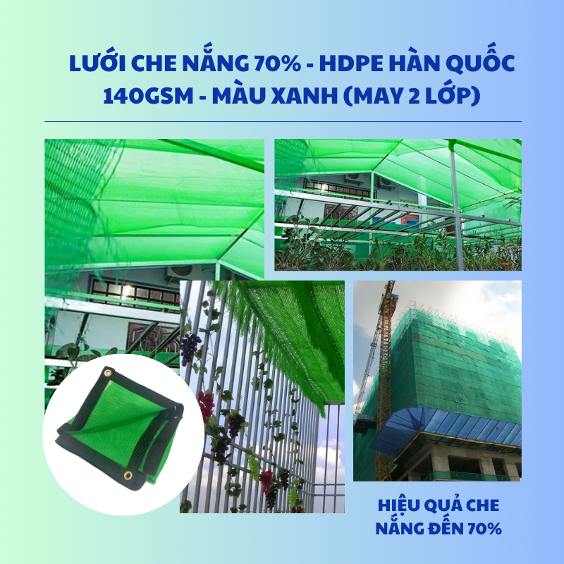 Mẫu lưới che nắng 70% - HDPE Hàn Quốc 140GSM thích hợp cho các không gian sân vườn, ngoài trời, mang lại hiệu quả cản nắng cao.